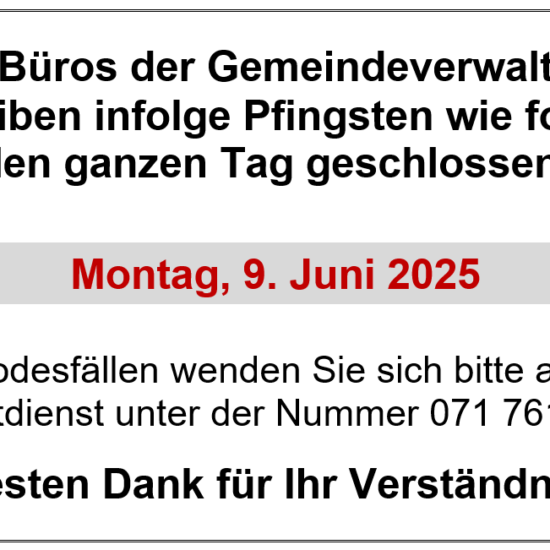 Öffnungszeiten über Pfingsten