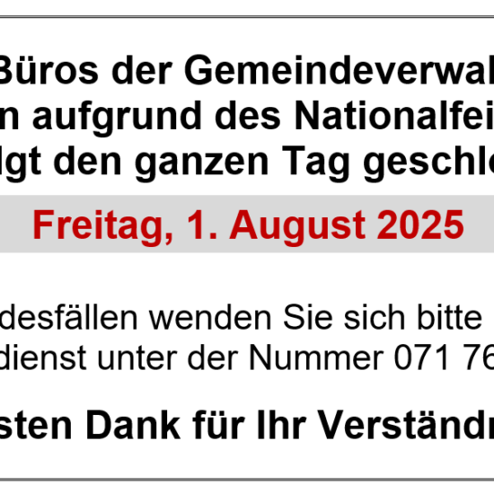 Öffnungszeiten über Nationalfeiertag